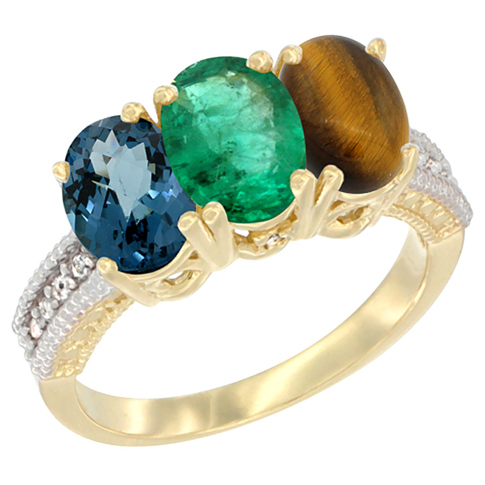 10K Yellow Gold Diamond Natural London Blue Topaz, Emerald & Tiger Eye Ring 3-Stone Oval 7x5 mm, sizes 5 - 10