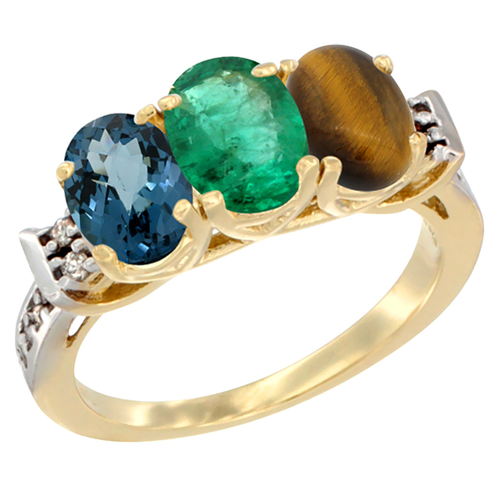 10K Yellow Gold Natural London Blue Topaz, Emerald &amp; Tiger Eye Ring 3-Stone Oval 7x5 mm Diamond Accent, sizes 5 - 10