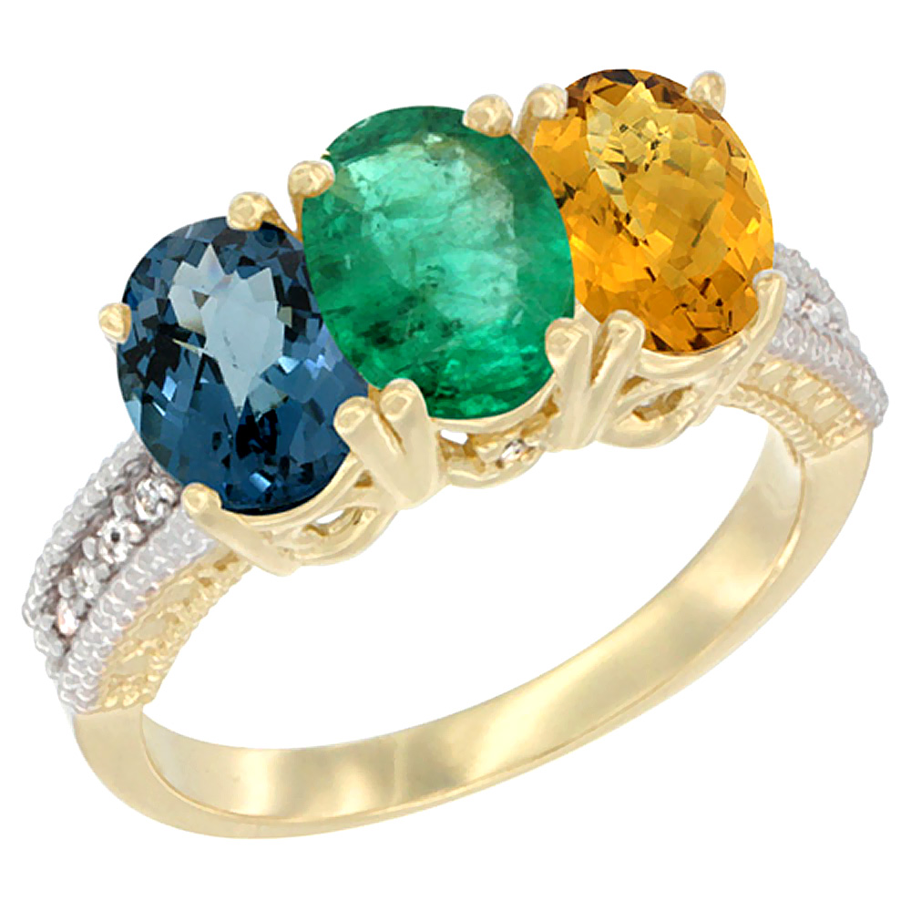 10K Yellow Gold Diamond Natural London Blue Topaz, Emerald & Whisky Quartz Ring 3-Stone Oval 7x5 mm, sizes 5 - 10