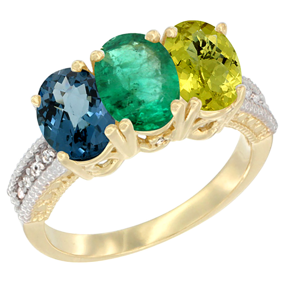 10K Yellow Gold Diamond Natural London Blue Topaz, Emerald & Lemon Quartz Ring 3-Stone Oval 7x5 mm, sizes 5 - 10