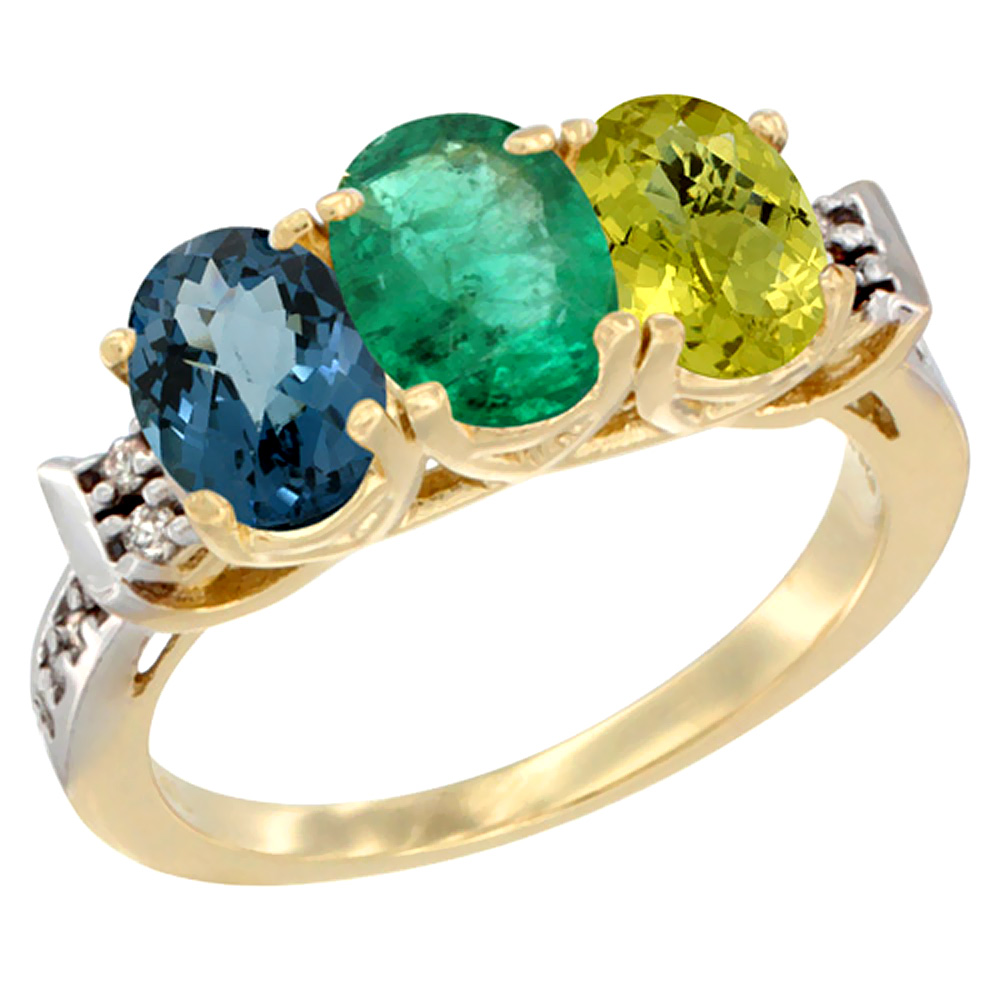 10K Yellow Gold Natural London Blue Topaz, Emerald & Lemon Quartz Ring 3-Stone Oval 7x5 mm Diamond Accent, sizes 5 - 10