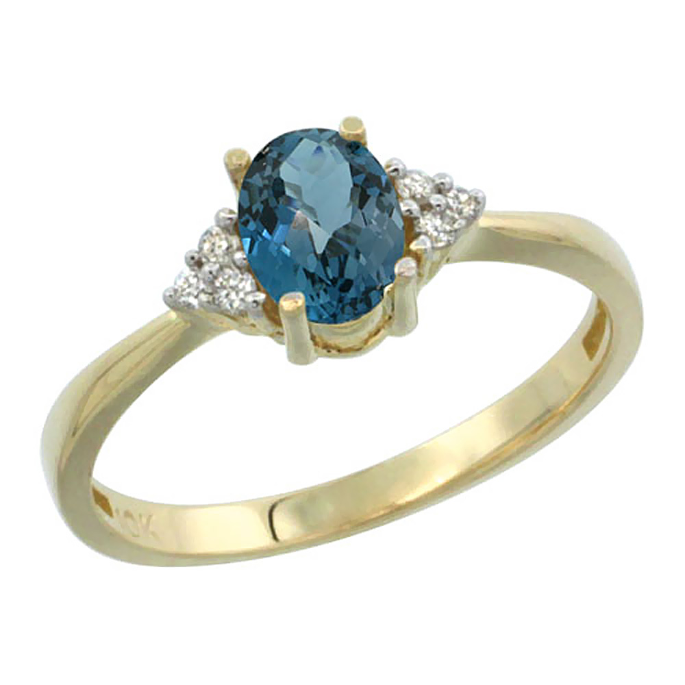 14K Yellow Gold Diamond Natural London Blue Topaz Engagement Ring Oval 7x5mm, sizes 5-10