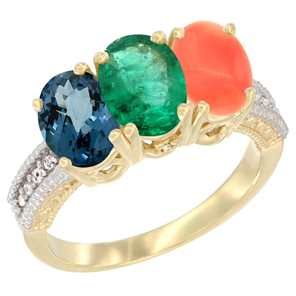 10K Yellow Gold Diamond Natural London Blue Topaz, Emerald & Coral Ring 3-Stone Oval 7x5 mm, sizes 5 - 10