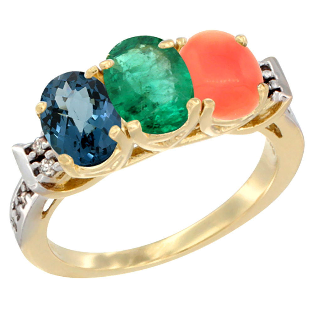14K Yellow Gold Natural London Blue Topaz, Emerald & Coral Ring 3-Stone 7x5 mm Oval Diamond Accent, sizes 5 - 10