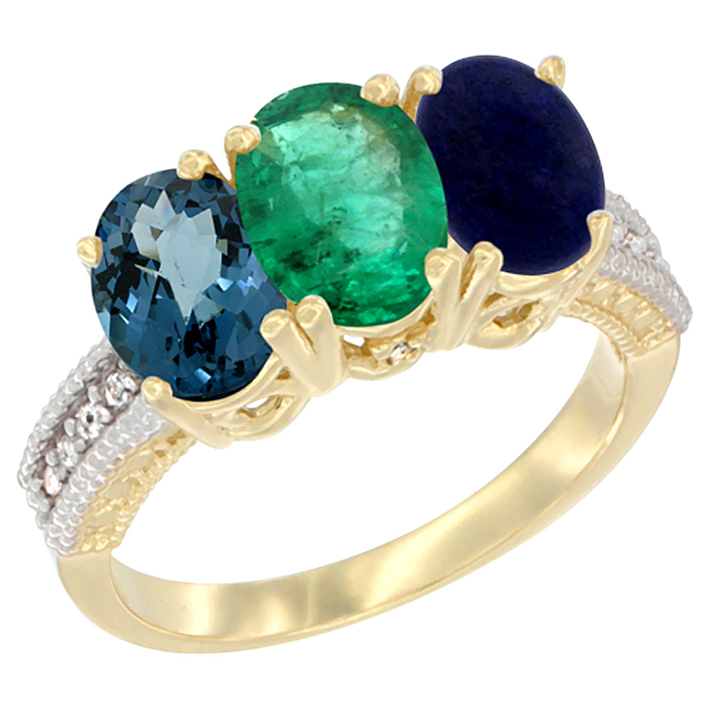 14K Yellow Gold Natural London Blue Topaz, Emerald & Lapis Ring 3-Stone 7x5 mm Oval Diamond Accent, sizes 5 - 10