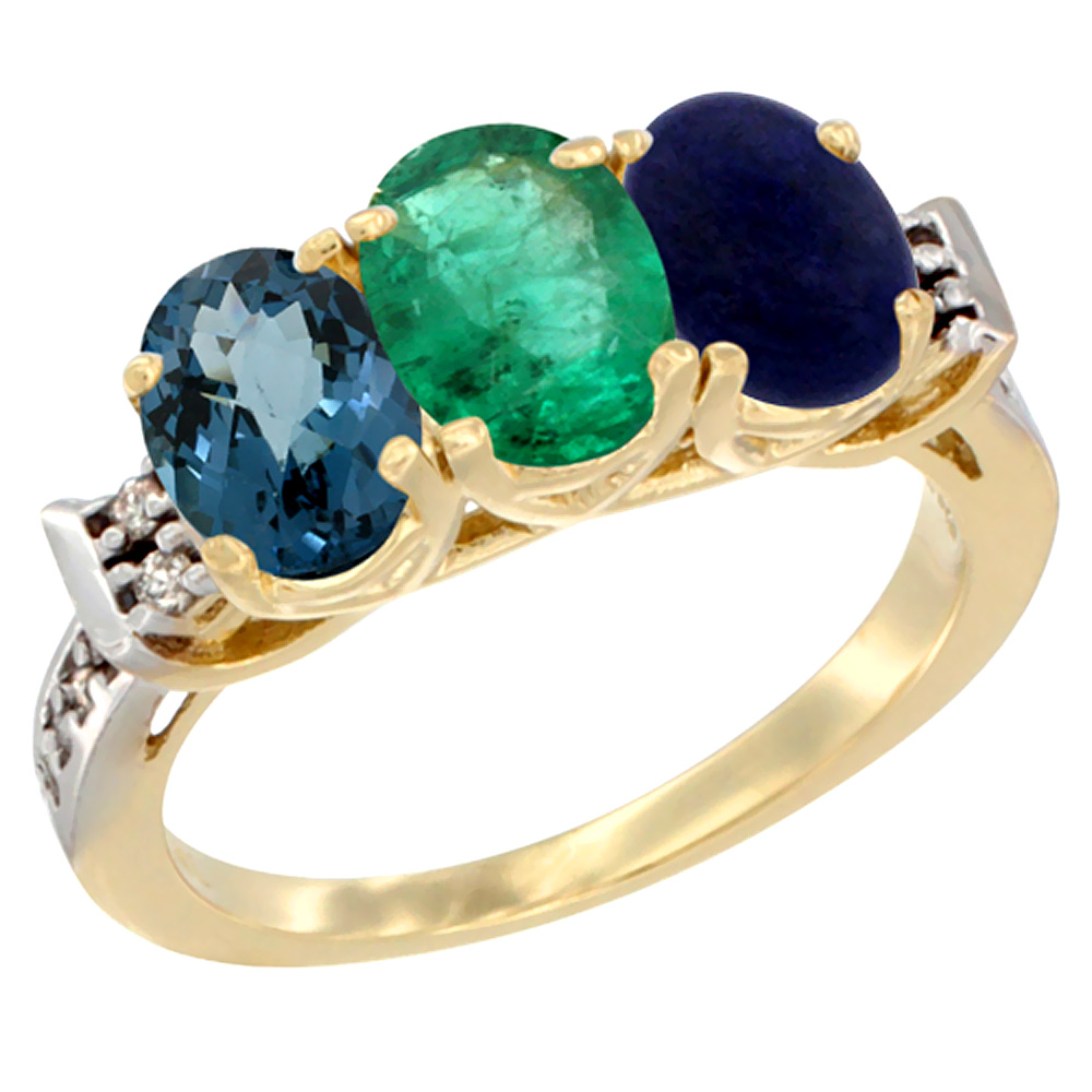 10K Yellow Gold Natural London Blue Topaz, Emerald & Lapis Ring 3-Stone Oval 7x5 mm Diamond Accent, sizes 5 - 10