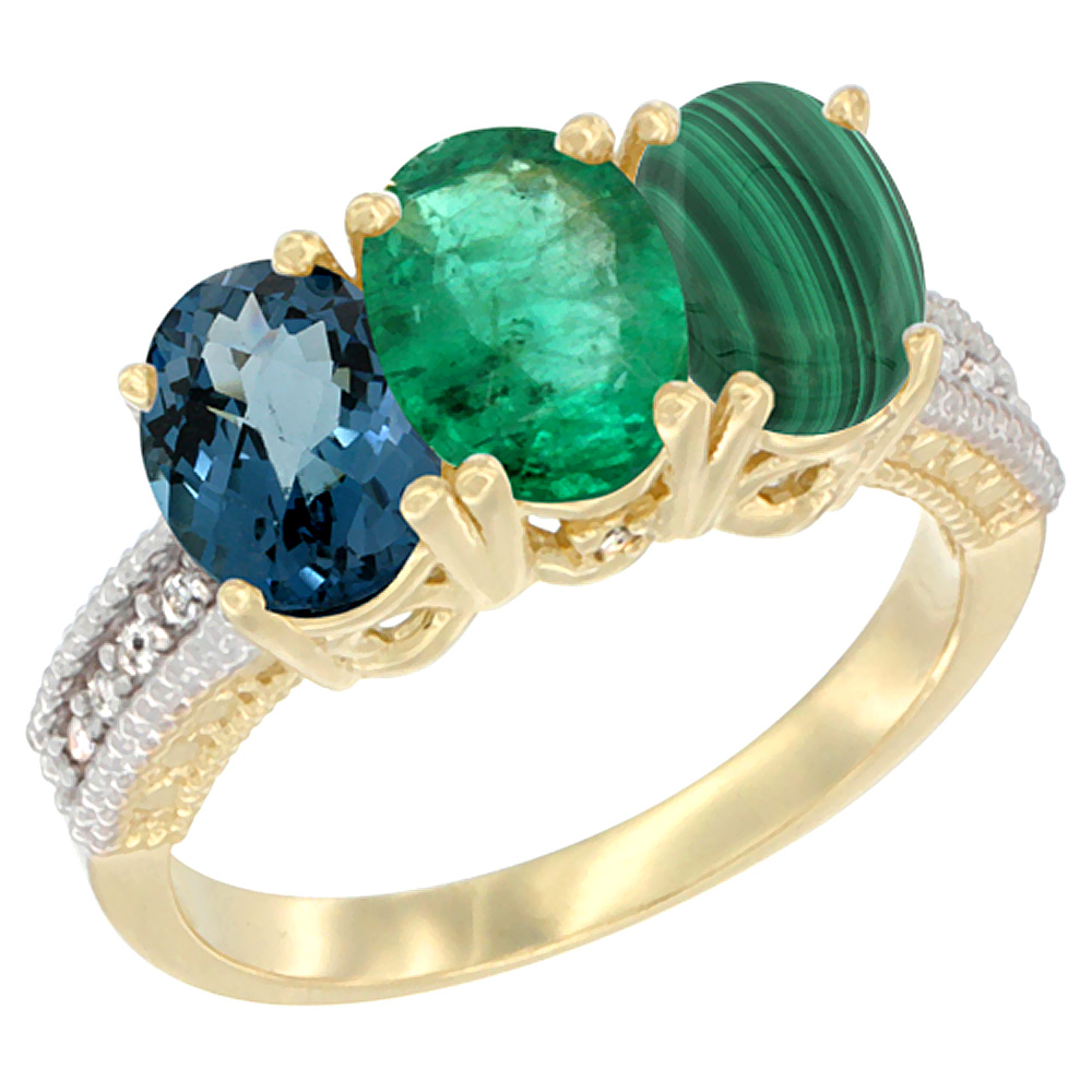 10K Yellow Gold Diamond Natural London Blue Topaz, Emerald &amp; Malachite Ring 3-Stone Oval 7x5 mm, sizes 5 - 10