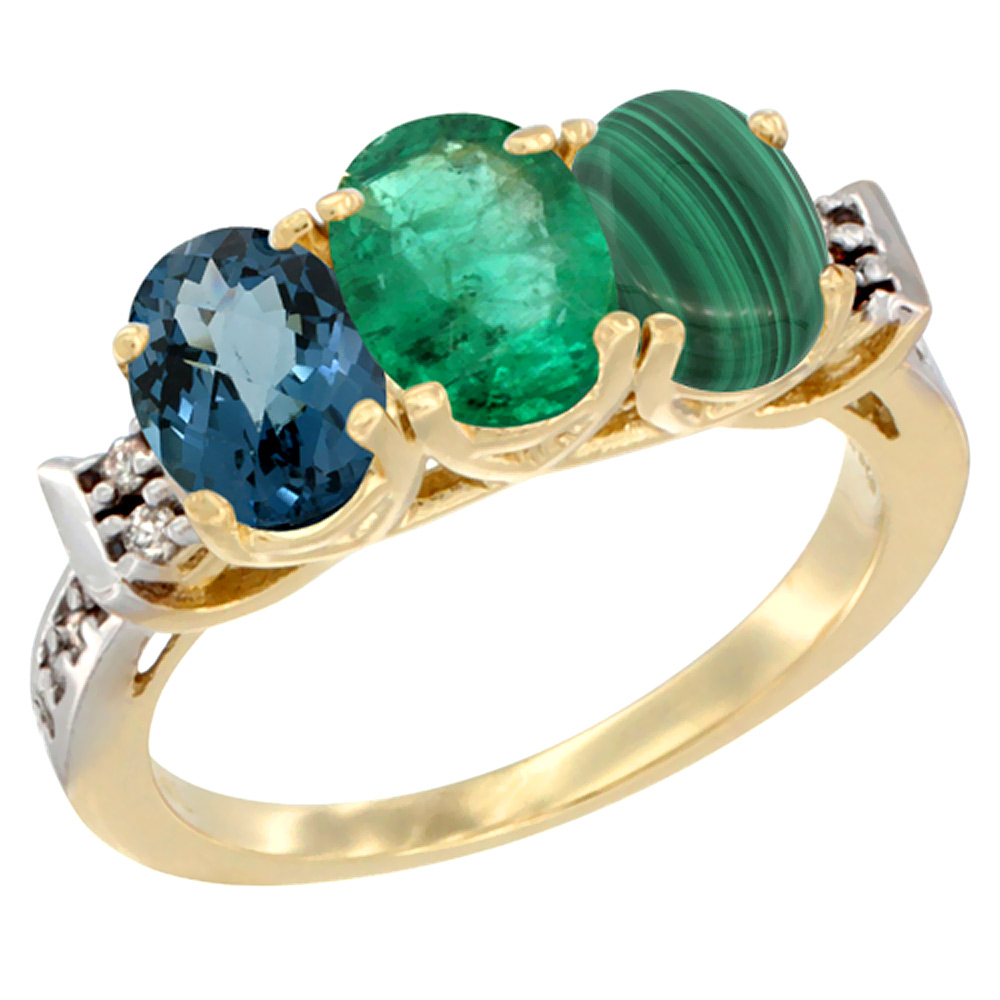 14K Yellow Gold Natural London Blue Topaz, Emerald &amp; Malachite Ring 3-Stone 7x5 mm Oval Diamond Accent, sizes 5 - 10
