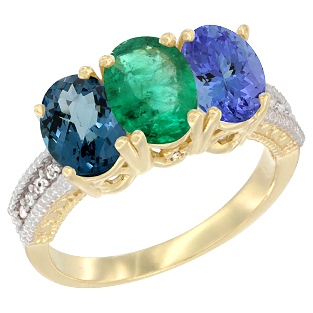 14K Yellow Gold Natural London Blue Topaz, Emerald &amp; Tanzanite Ring 3-Stone 7x5 mm Oval Diamond Accent, sizes 5 - 10