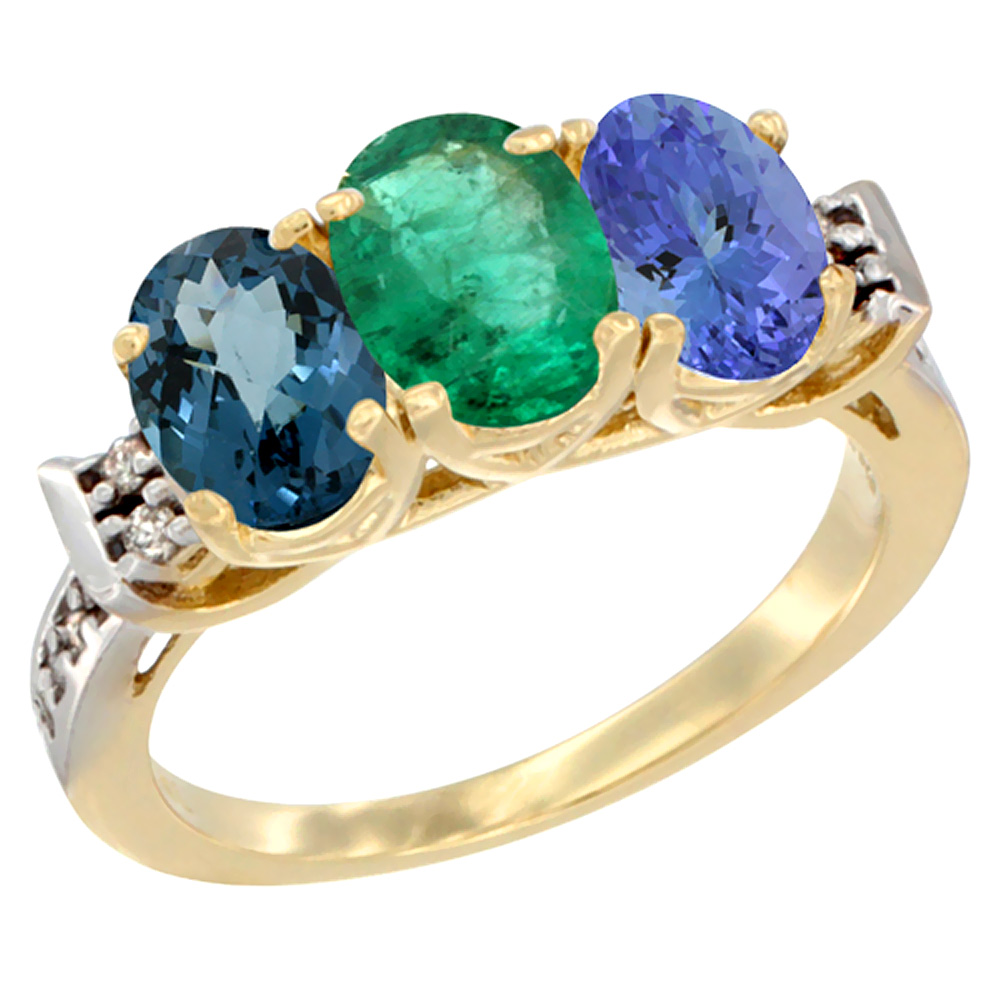 10K Yellow Gold Natural London Blue Topaz, Emerald &amp; Tanzanite Ring 3-Stone Oval 7x5 mm Diamond Accent, sizes 5 - 10