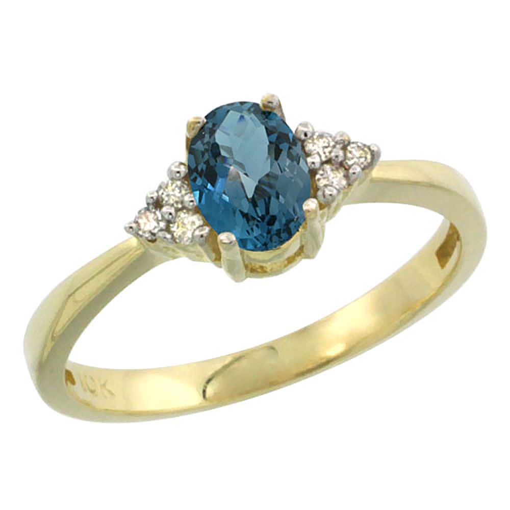 10K Yellow Gold Natural London Blue Topaz Ring Oval 6x4mm Diamond Accent, sizes 5-10
