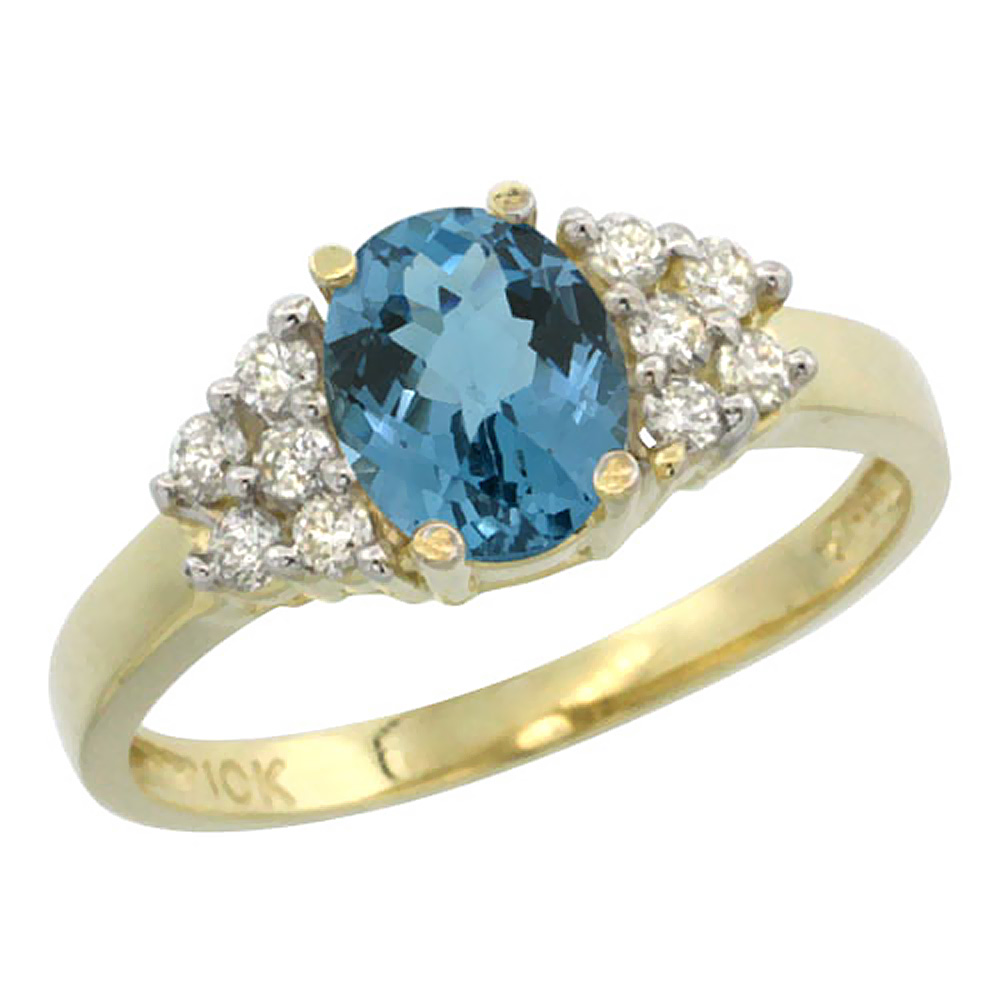 10K Yellow Gold Natural London Blue Topaz Ring Oval 8x6mm Diamond Accent, sizes 5-10
