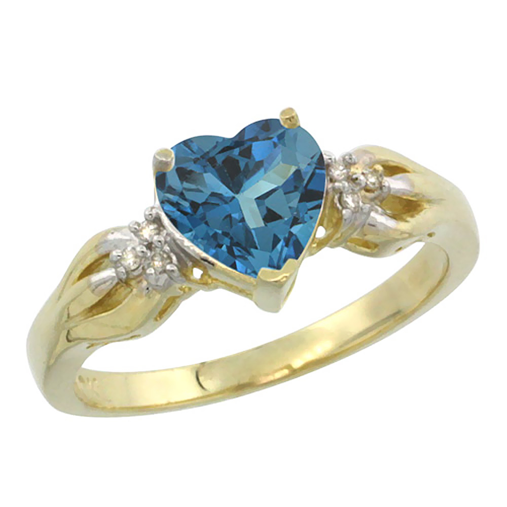 14K Yellow Gold Natural London Blue Topaz Ring Heart-shape 7x7mm Diamond Accent, sizes 5-10