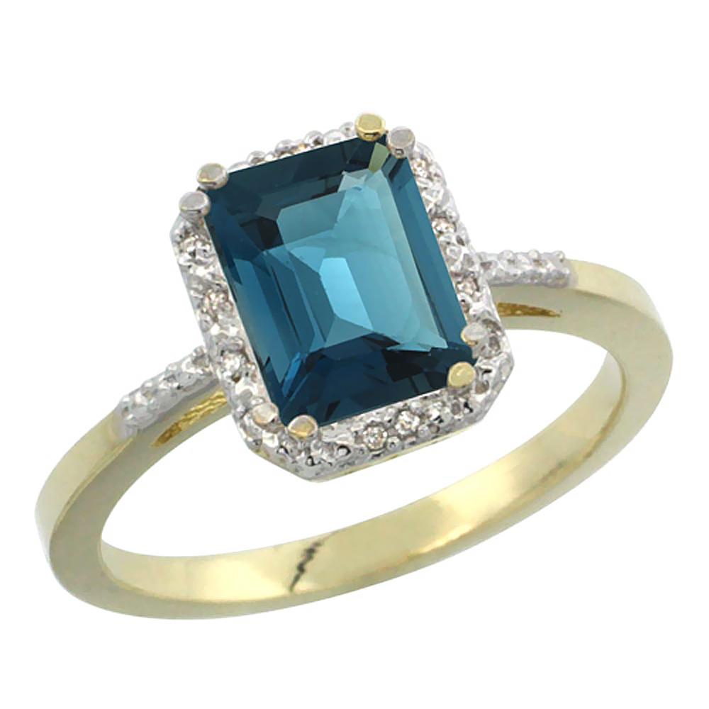 14K Yellow Gold Natural London Blue Topaz Ring Emerald-shape 8x6mm Diamond Accent, sizes 5-10