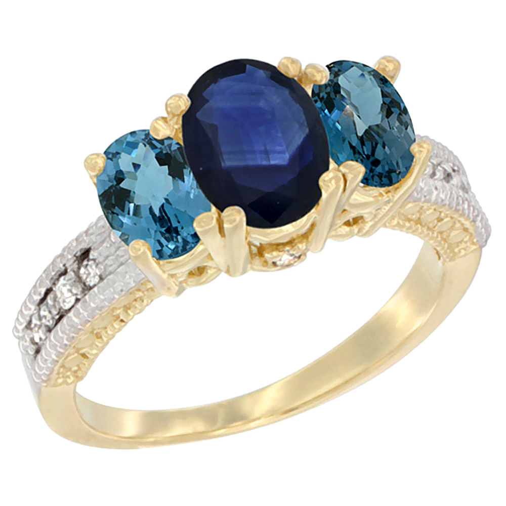 10K Yellow Gold Diamond Natural Blue Sapphire Ring Oval 3-stone with London Blue Topaz, sizes 5 - 10