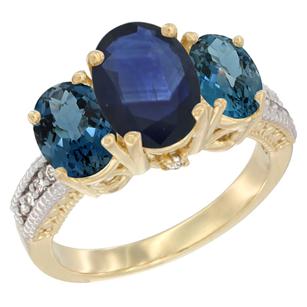 10K Yellow Gold Diamond Natural Blue Sapphire Ring 3-Stone Oval 8x6mm with London Blue Topaz, sizes5-10