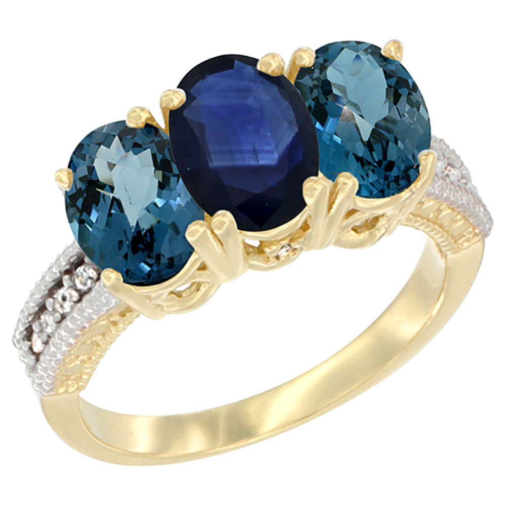 14K Yellow Gold Natural Blue Sapphire &amp; London Blue Topaz Sides Ring 3-Stone 7x5 mm Oval Diamond Accent, sizes 5 - 10