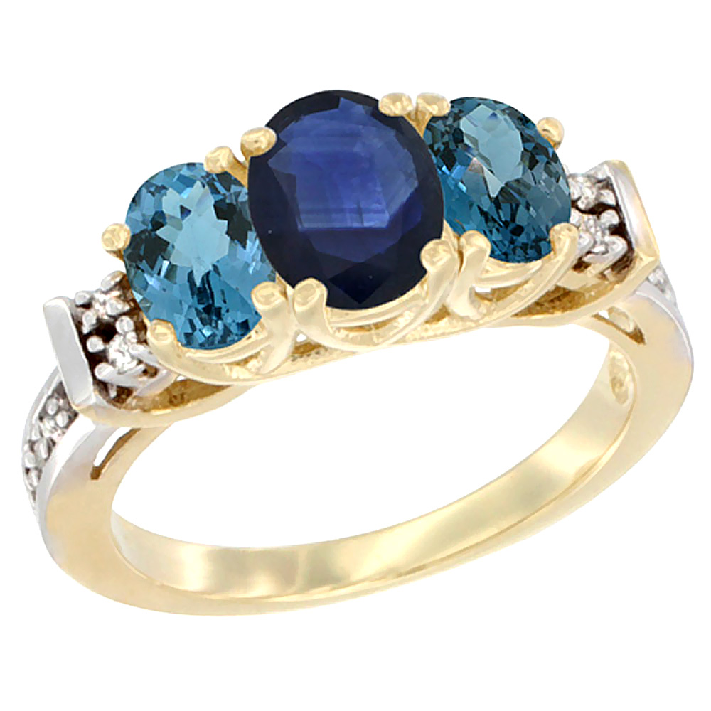 14K Yellow Gold Natural Blue Sapphire &amp; London Blue Ring 3-Stone Oval Diamond Accent