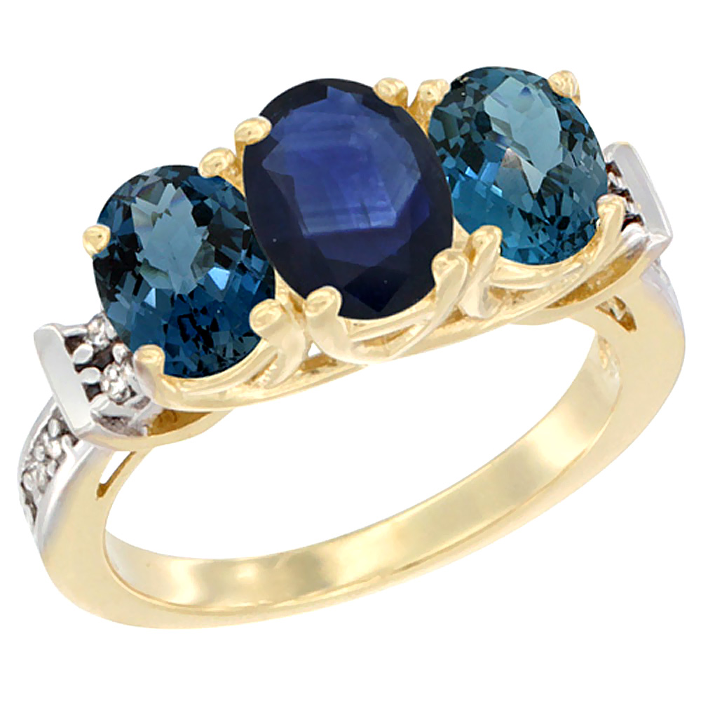 14K Yellow Gold Natural Blue Sapphire & London Blue Topaz Sides Ring 3-Stone Oval Diamond Accent, sizes 5 - 10