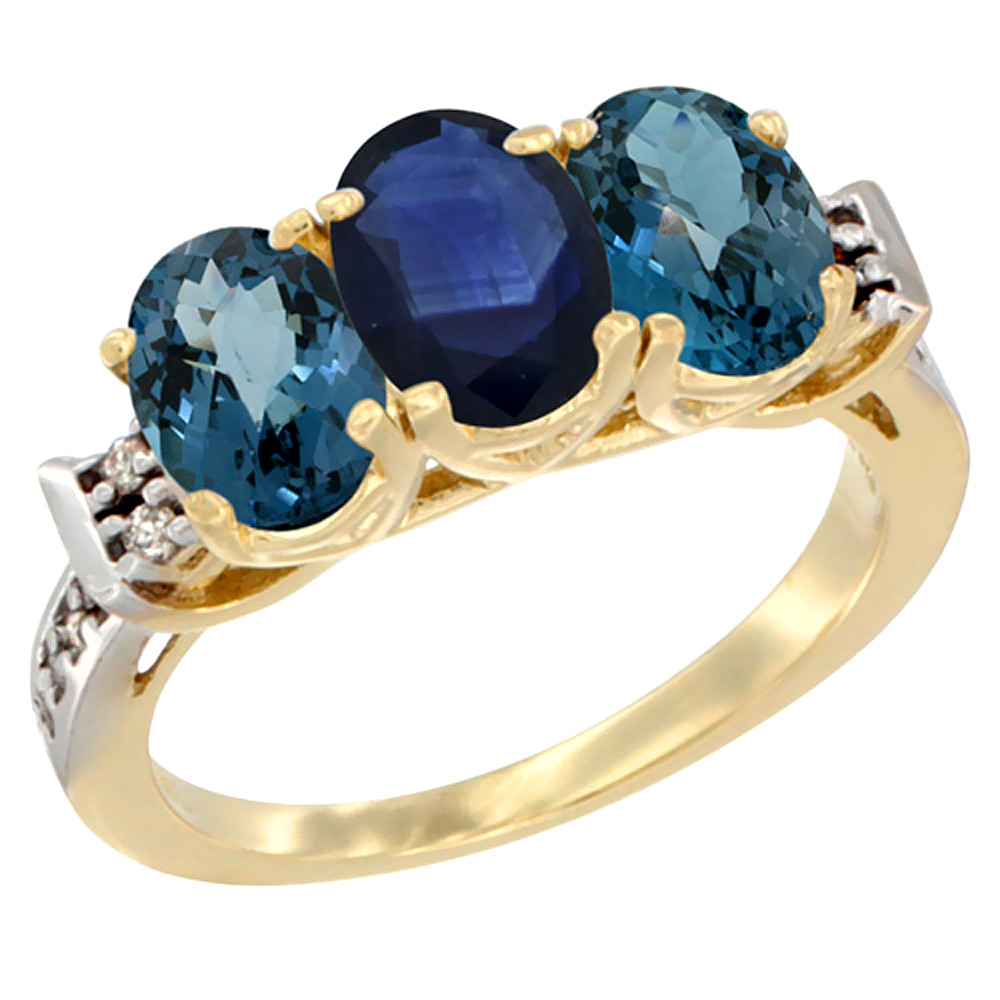 10K Yellow Gold Natural Blue Sapphire & London Blue Topaz Sides Ring 3-Stone Oval 7x5 mm Diamond Accent, sizes 5 - 10