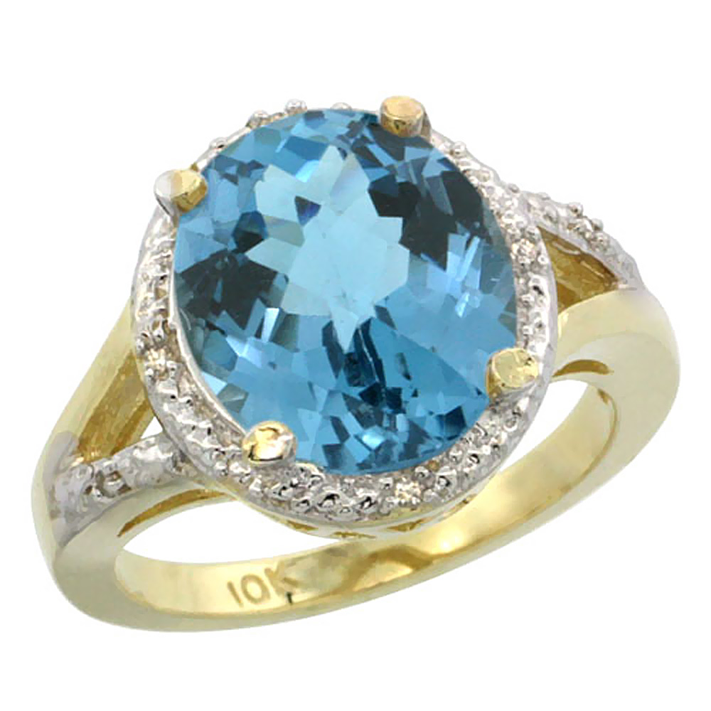 10K Yellow Gold Natural London Blue Topaz Ring Oval 12x10mm Diamond Accent, sizes 5-10