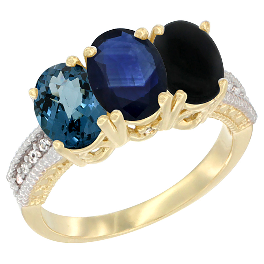10K Yellow Gold Diamond Natural London Blue Topaz, Blue Sapphire & Black Onyx Ring 3-Stone Oval 7x5 mm, sizes 5 - 10