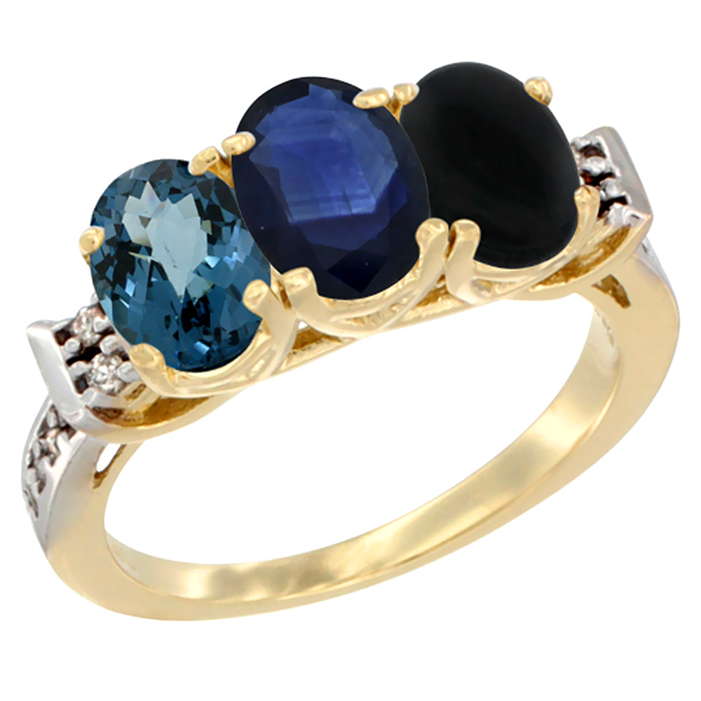 10K Yellow Gold Natural London Blue Topaz, Blue Sapphire &amp; Black Onyx Ring 3-Stone Oval 7x5 mm Diamond Accent, sizes 5 - 10
