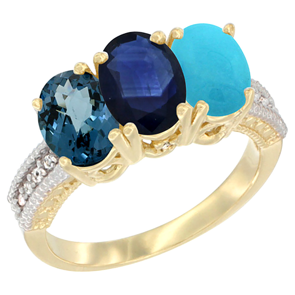 14K Yellow Gold Natural London Blue Topaz, Blue Sapphire &amp; Turquoise Ring 3-Stone 7x5 mm Oval Diamond Accent, sizes 5 - 10