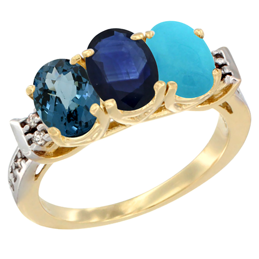 10K Yellow Gold Natural London Blue Topaz, Blue Sapphire & Turquoise Ring 3-Stone Oval 7x5 mm Diamond Accent, sizes 5 - 10