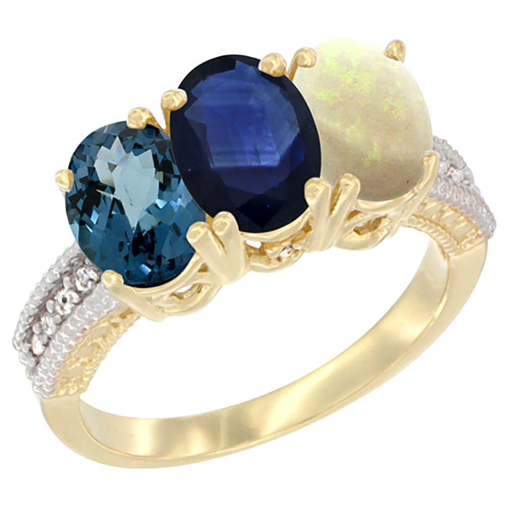 14K Yellow Gold Natural London Blue Topaz, Blue Sapphire & Opal Ring 3-Stone 7x5 mm Oval Diamond Accent, sizes 5 - 10