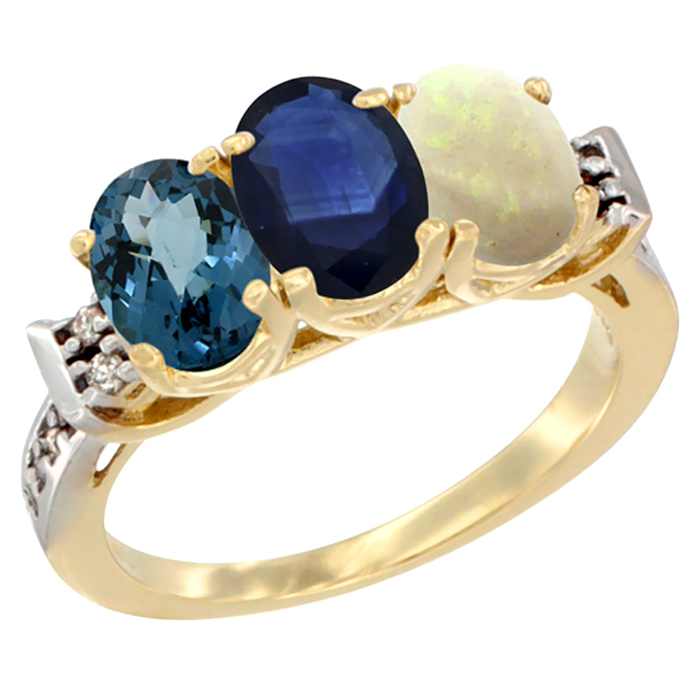 10K Yellow Gold Natural London Blue Topaz, Blue Sapphire & Opal Ring 3-Stone Oval 7x5 mm Diamond Accent, sizes 5 - 10