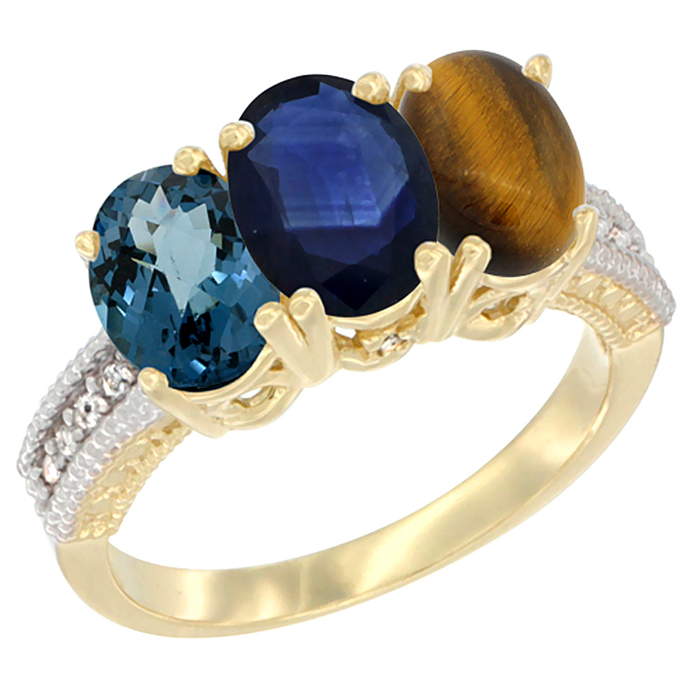 10K Yellow Gold Diamond Natural London Blue Topaz, Blue Sapphire &amp; Tiger Eye Ring 3-Stone Oval 7x5 mm, sizes 5 - 10