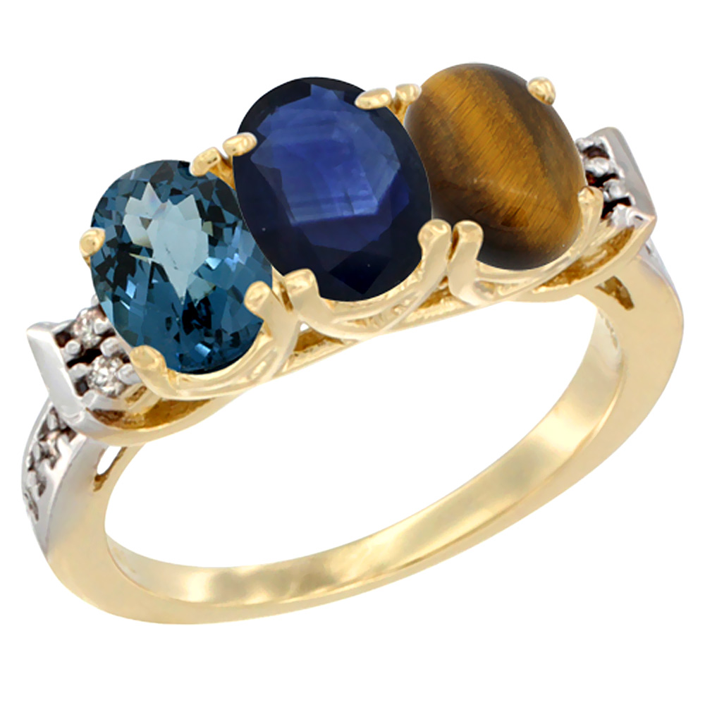 10K Yellow Gold Natural London Blue Topaz, Blue Sapphire & Tiger Eye Ring 3-Stone Oval 7x5 mm Diamond Accent, sizes 5 - 10