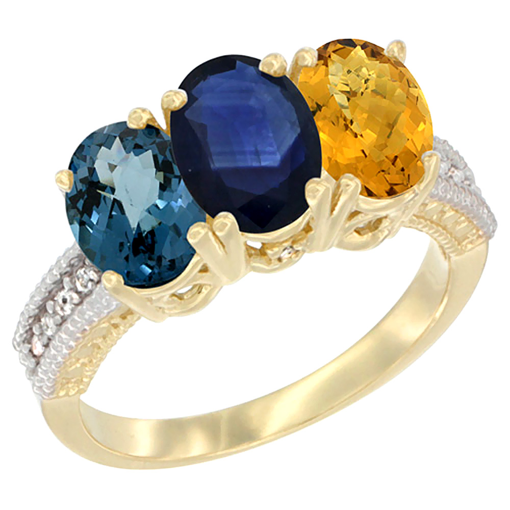 10K Yellow Gold Diamond Natural London Blue Topaz, Blue Sapphire & Whisky Quartz Ring 3-Stone Oval 7x5 mm, sizes 5 - 10