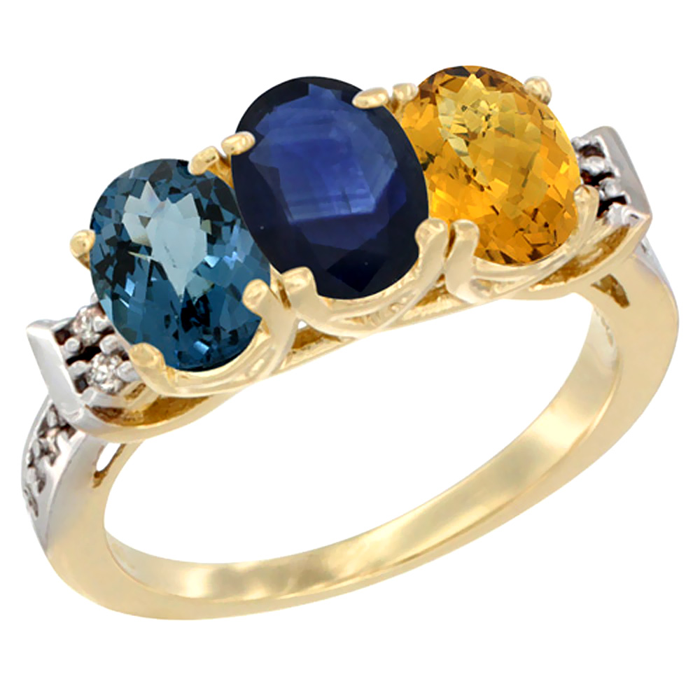 10K Yellow Gold Natural London Blue Topaz, Blue Sapphire & Whisky Quartz Ring 3-Stone Oval 7x5 mm Diamond Accent, sizes 5 - 10