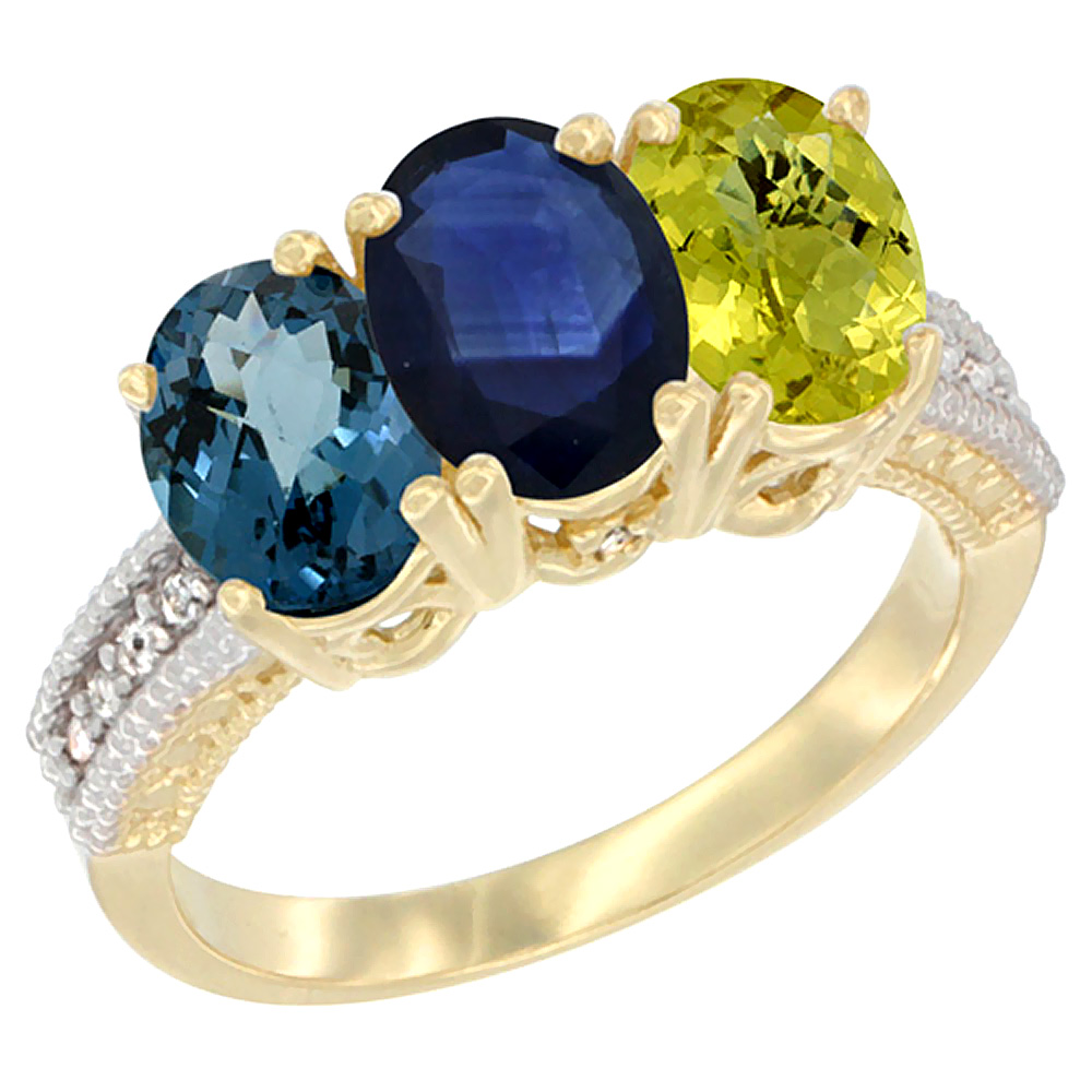 10K Yellow Gold Diamond Natural London Blue Topaz, Blue Sapphire & Lemon Quartz Ring 3-Stone Oval 7x5 mm, sizes 5 - 10