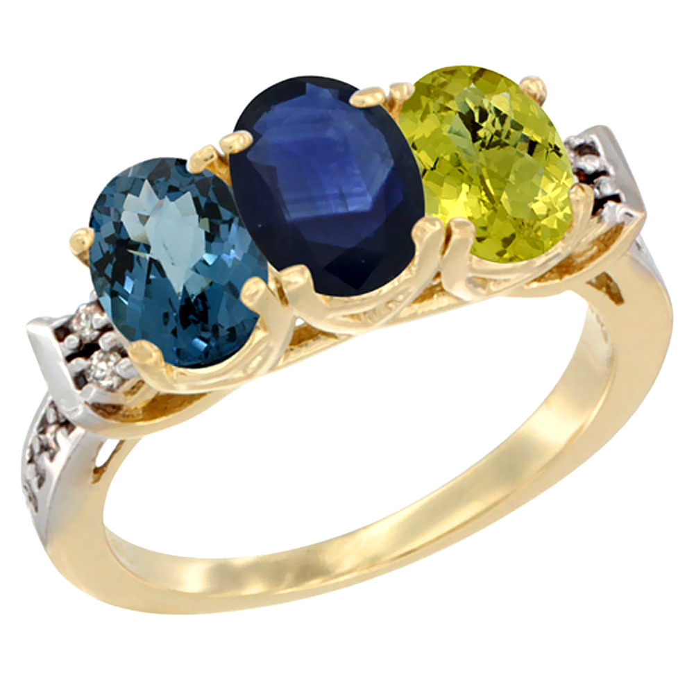 10K Yellow Gold Natural London Blue Topaz, Blue Sapphire & Lemon Quartz Ring 3-Stone Oval 7x5 mm Diamond Accent, sizes 5 - 10