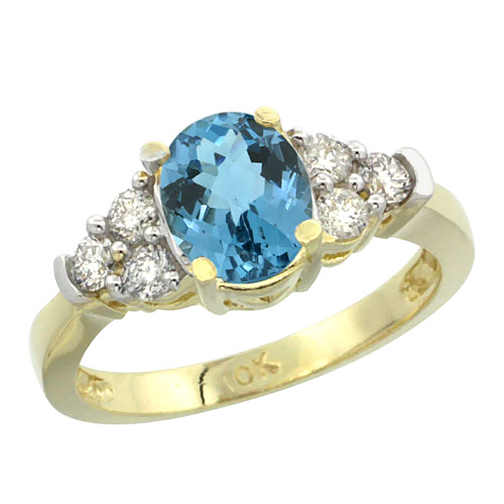 10K Yellow Gold Natural London Blue Topaz Ring Oval 9x7mm Diamond Accent, sizes 5-10