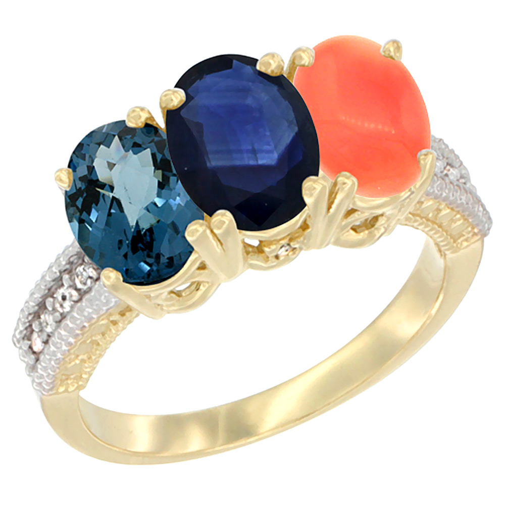 10K Yellow Gold Diamond Natural London Blue Topaz, Blue Sapphire & Coral Ring 3-Stone Oval 7x5 mm, sizes 5 - 10