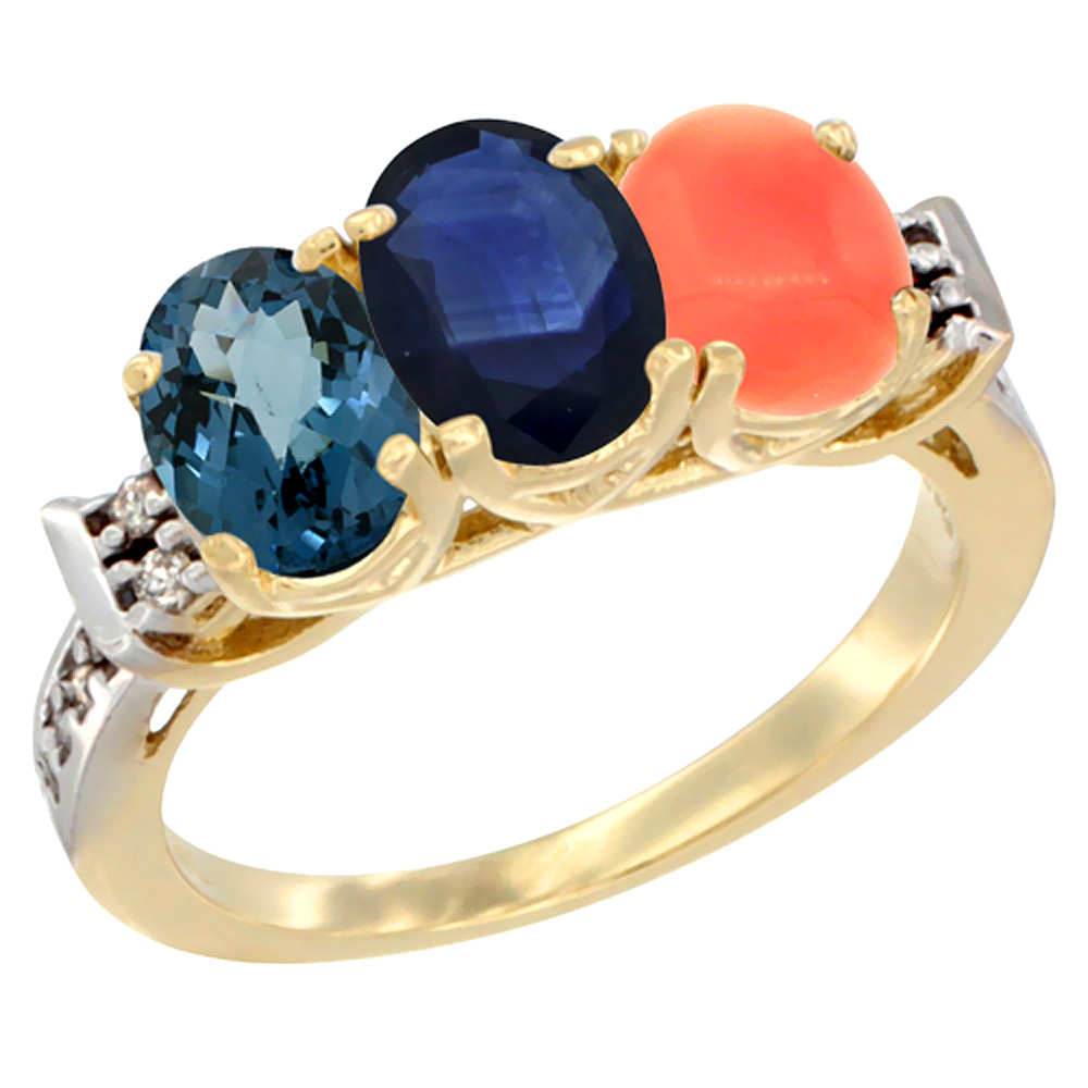 10K Yellow Gold Natural London Blue Topaz, Blue Sapphire & Coral Ring 3-Stone Oval 7x5 mm Diamond Accent, sizes 5 - 10