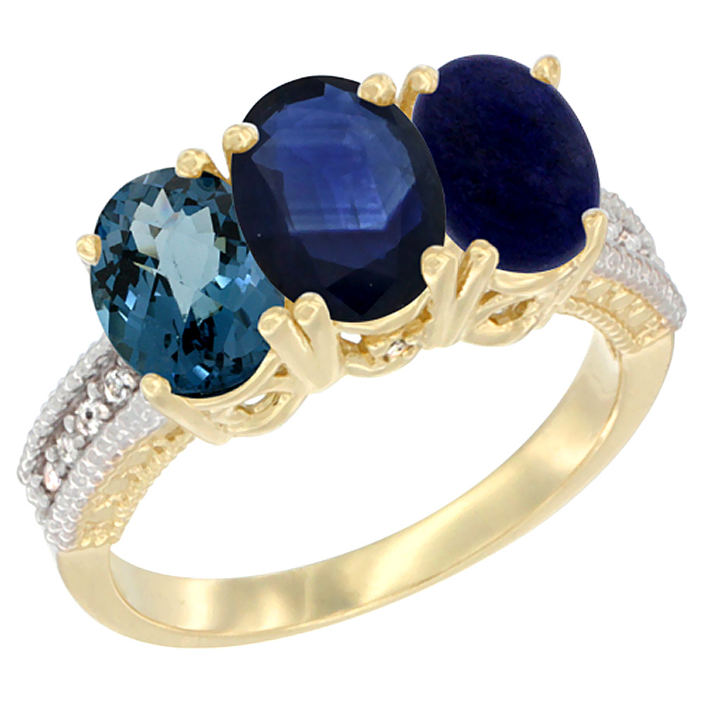 14K Yellow Gold Natural London Blue Topaz, Blue Sapphire & Lapis Ring 3-Stone 7x5 mm Oval Diamond Accent, sizes 5 - 10