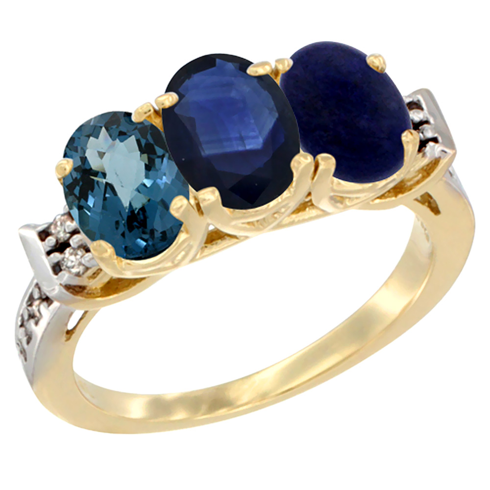 10K Yellow Gold Natural London Blue Topaz, Blue Sapphire & Lapis Ring 3-Stone Oval 7x5 mm Diamond Accent, sizes 5 - 10