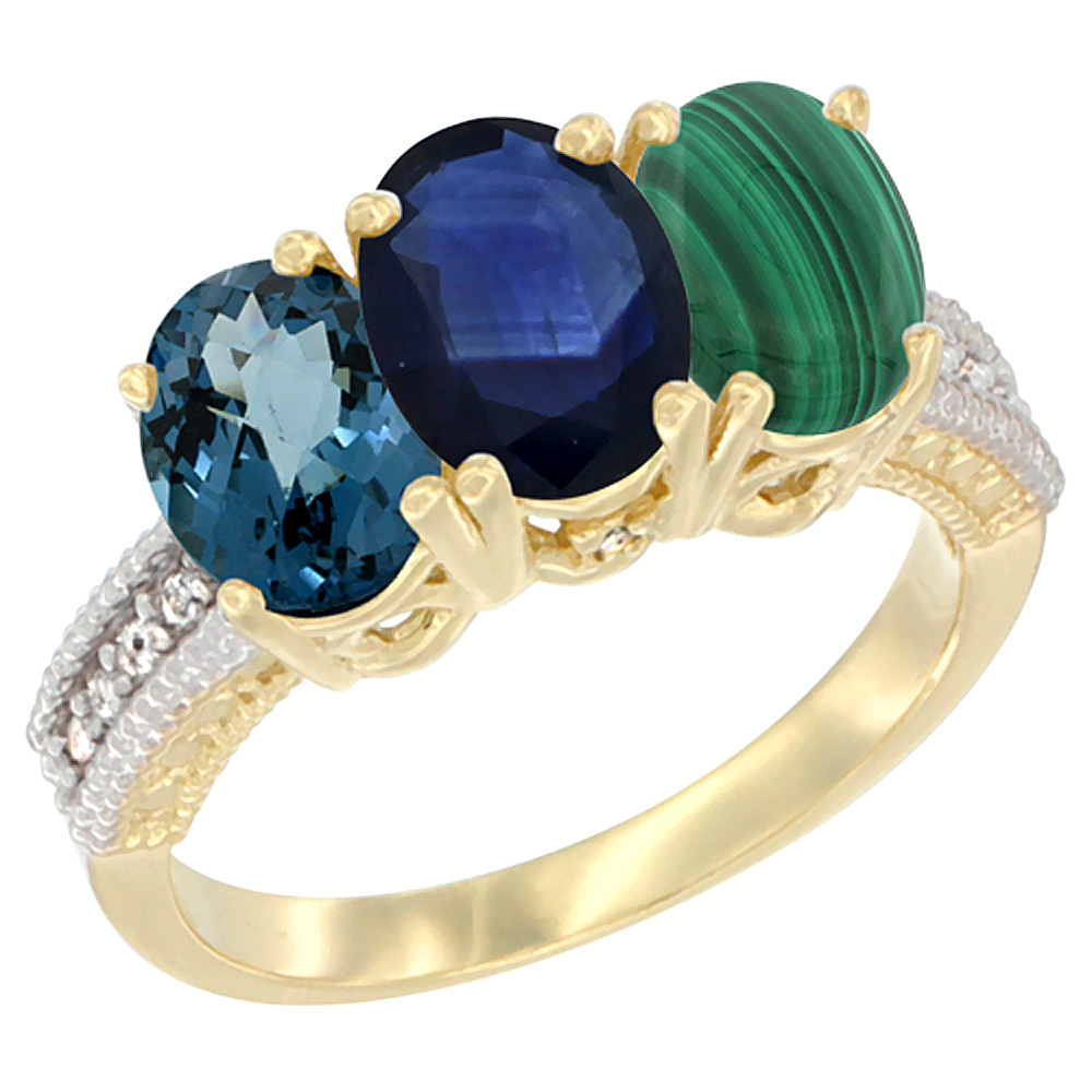 10K Yellow Gold Diamond Natural London Blue Topaz, Blue Sapphire &amp; Malachite Ring 3-Stone Oval 7x5 mm, sizes 5 - 10