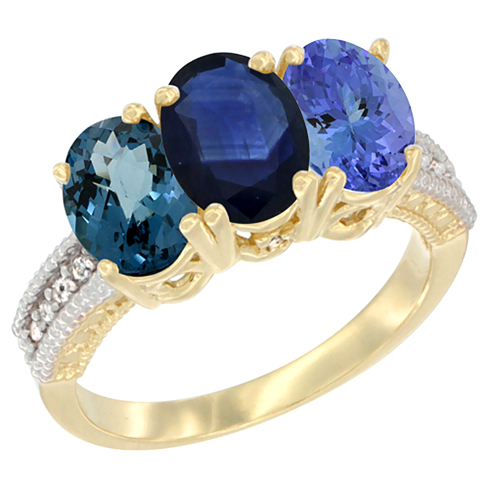 10K Yellow Gold Diamond Natural London Blue Topaz, Blue Sapphire & Tanzanite Ring 3-Stone Oval 7x5 mm, sizes 5 - 10