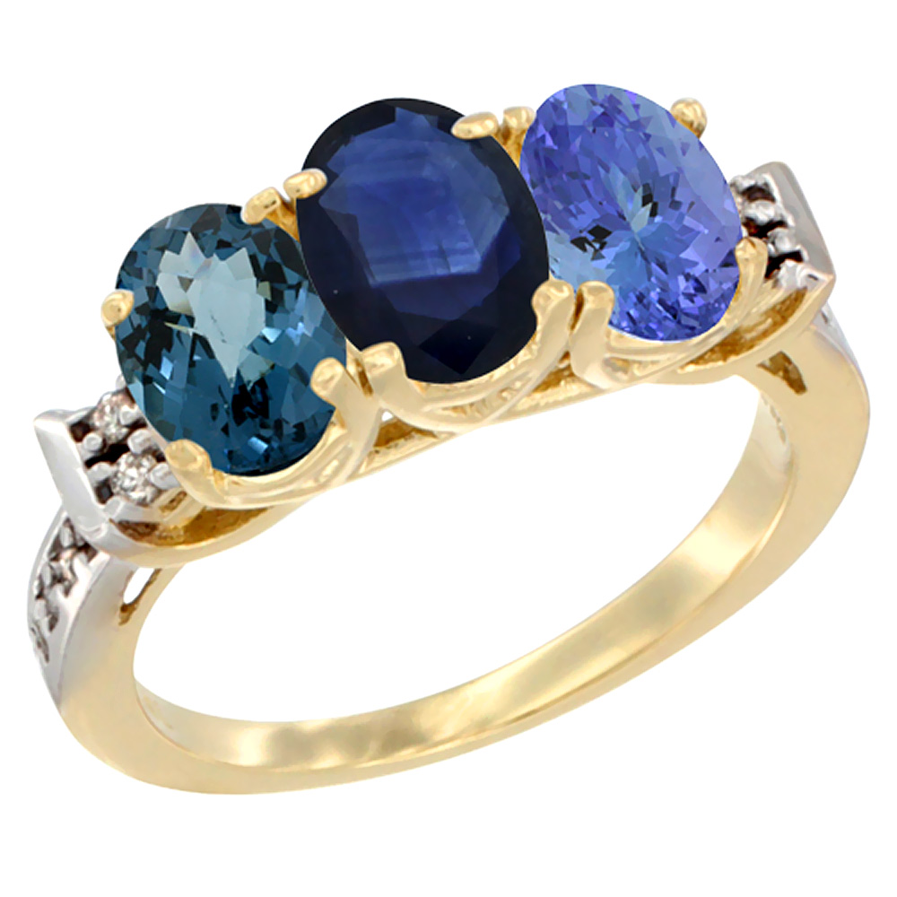10K Yellow Gold Natural London Blue Topaz, Blue Sapphire & Tanzanite Ring 3-Stone Oval 7x5 mm Diamond Accent, sizes 5 - 10