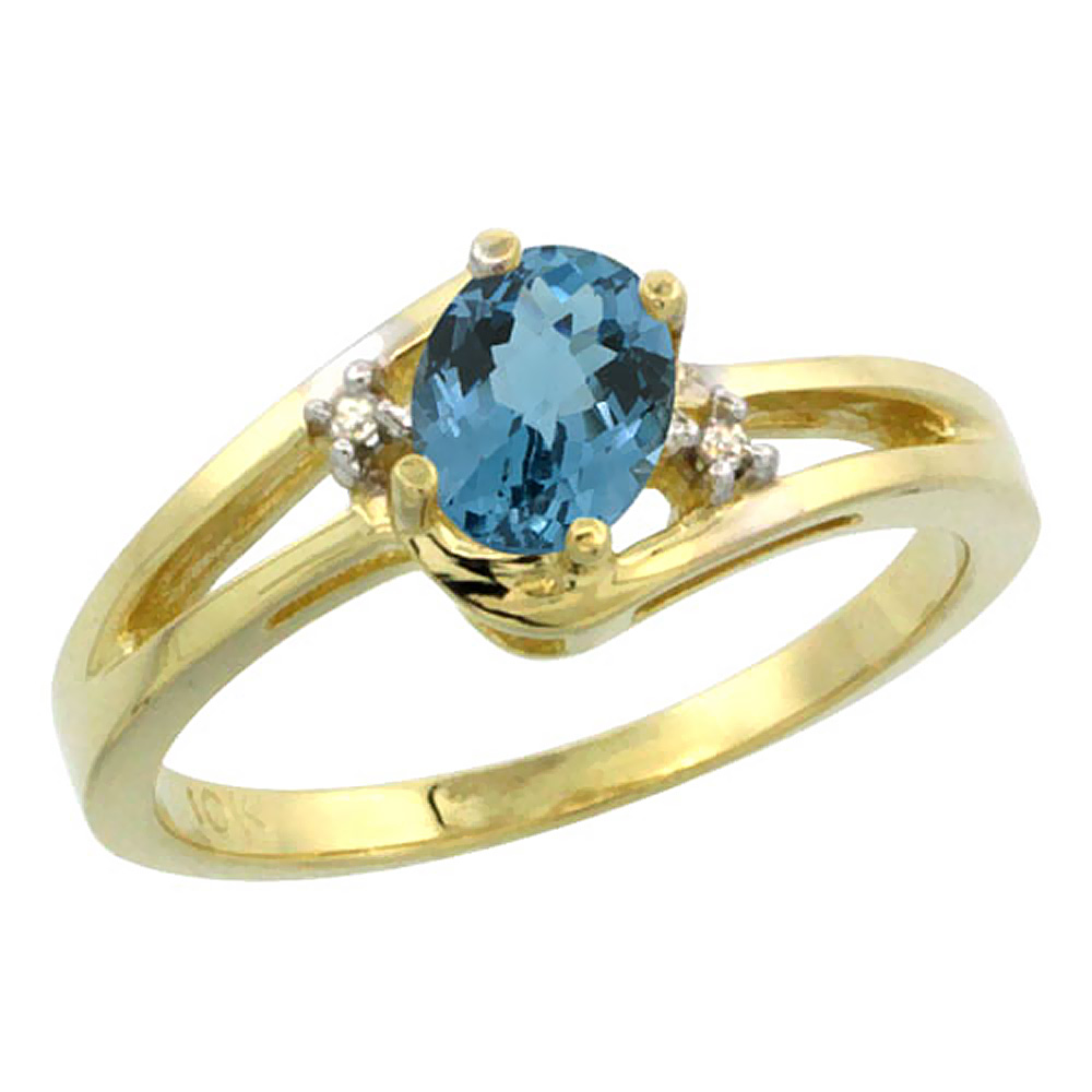 14K Yellow Gold Diamond Natural London Blue Topaz Ring Oval 6x4 mm, sizes 5-10