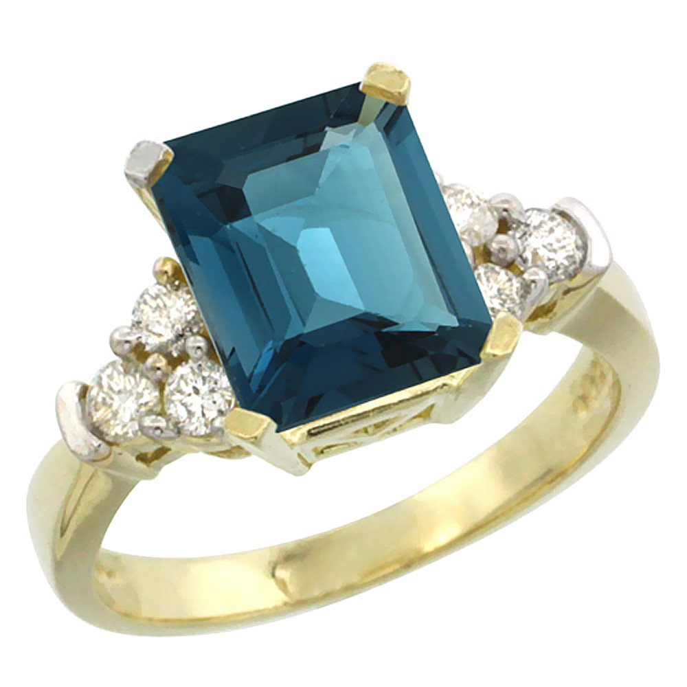 14K Yellow Gold Natural London Blue Topaz Ring Octagon 9x7mm Diamond Accent, sizes 5-10