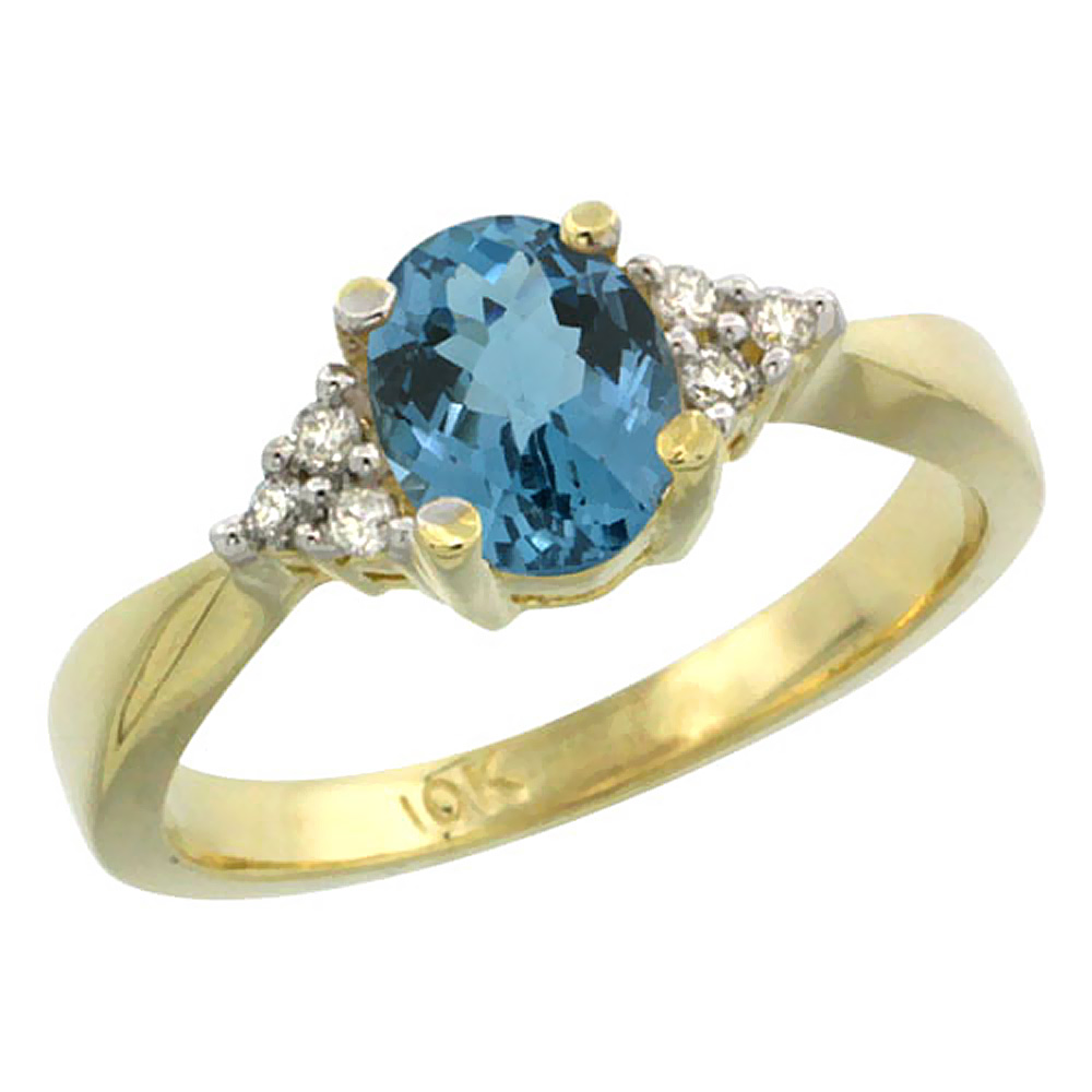 14K Yellow Gold Diamond Natural London Blue Topaz Engagement Ring Oval 7x5mm, sizes 5-10