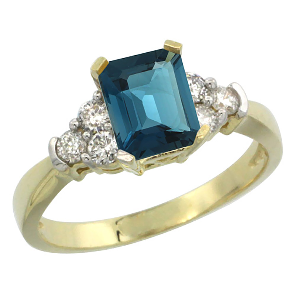 14K Yellow Gold Natural London Blue Topaz Ring Octagon 7x5mm Diamond Accent, sizes 5-10