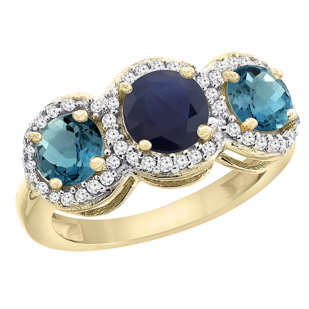 14K Yellow Gold Natural High Quality Blue Sapphire & London Blue Topaz Sides Round 3-stone Ring Diamond Accents, sizes 5 - 10